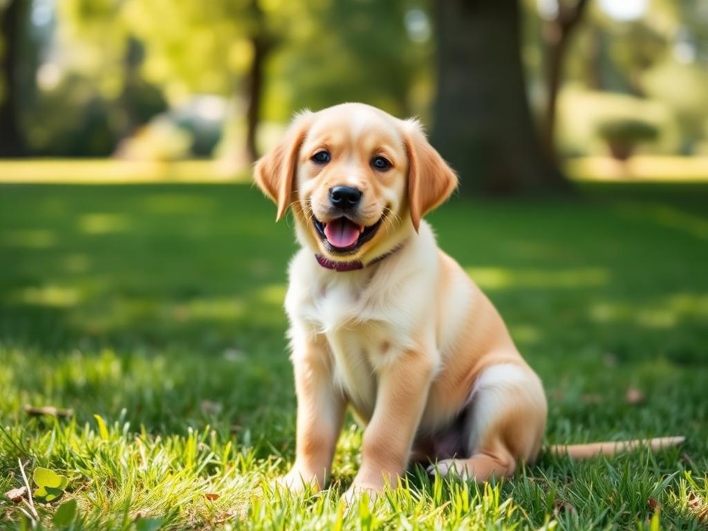 Happy golden retriever puppy enjoying a walk in the park